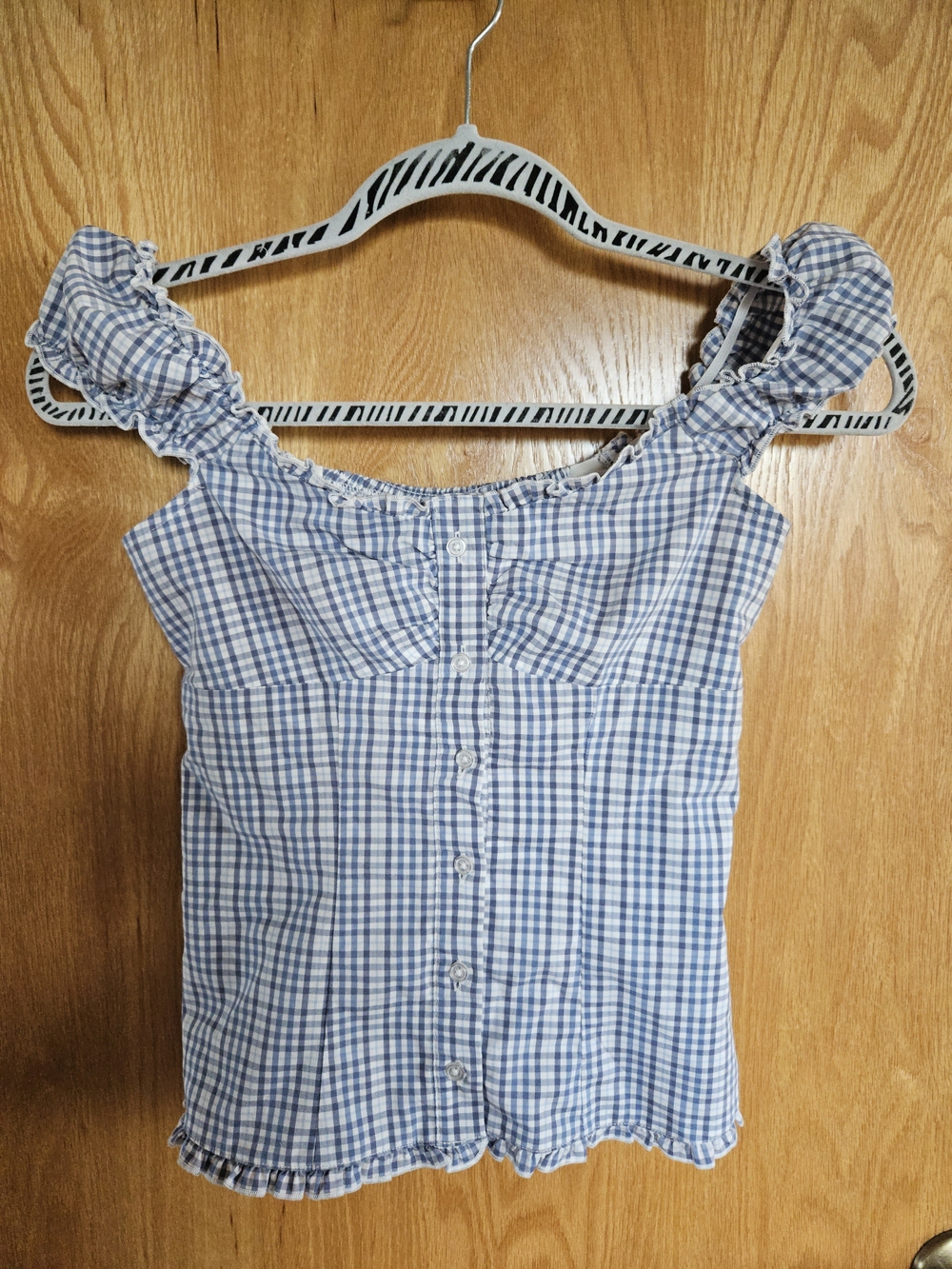 Hollister Blue and White Gingham Ruffle Strap Button-Front Top